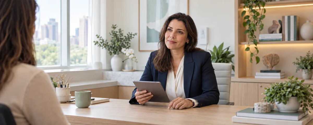 Médica em consultório claro revisando uma prescrição digital no tablet